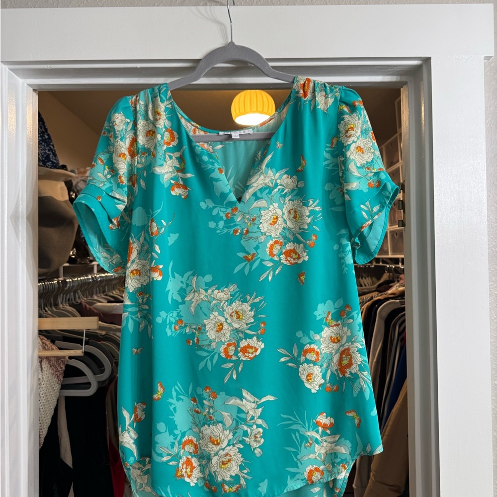 DR2 Turquoise Floral V-Neck Blouse